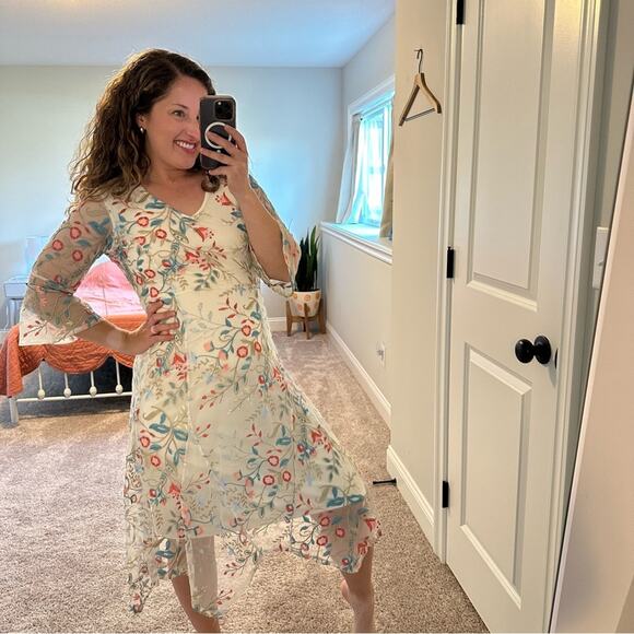 NWT Reba White Pink Blue Floral Embroidered Desert Maxi Dress Small - Picture 4 of 14